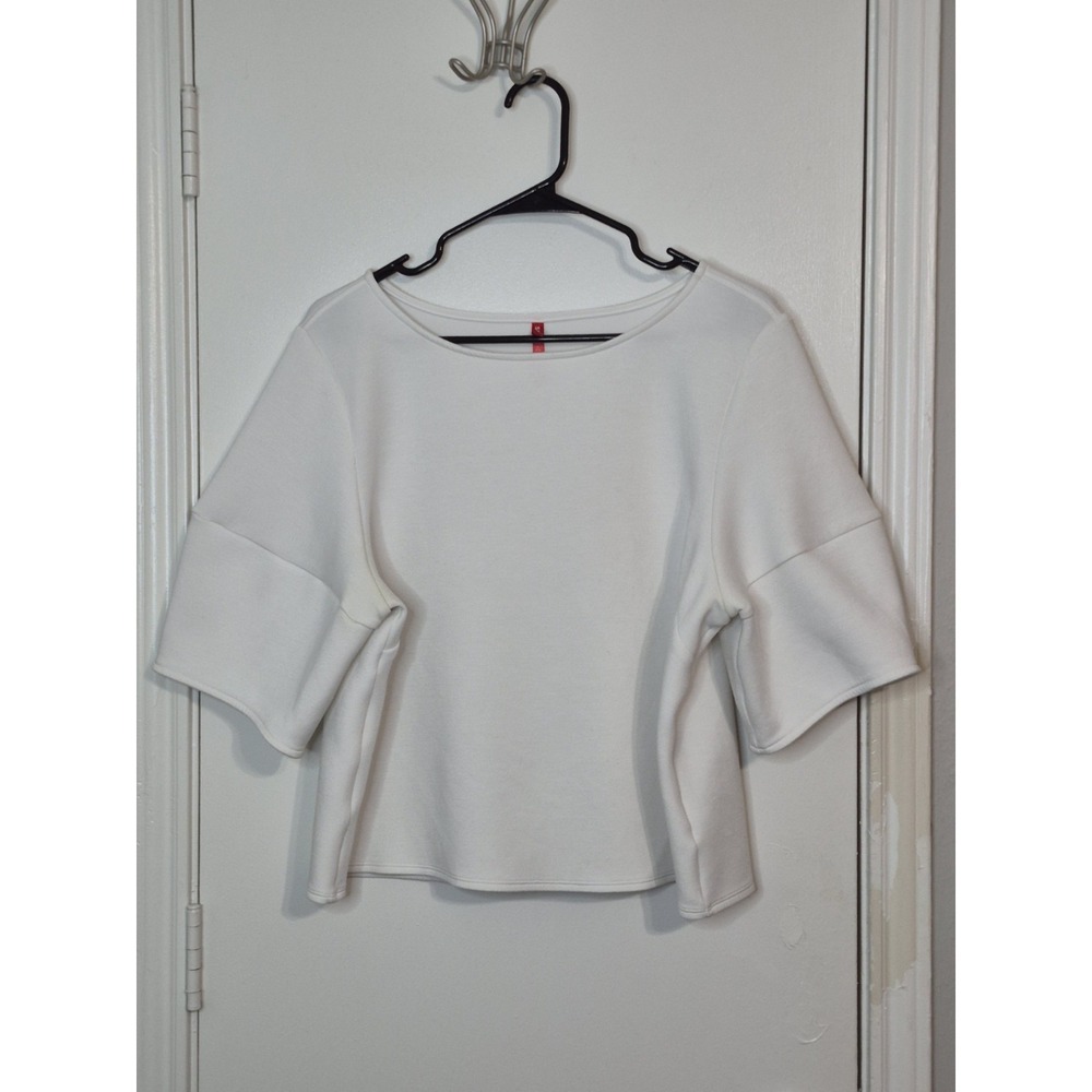 SPANX AirLux Performance Top Women 1X White Boat Neck Scuba Stretch Puff Sleeves